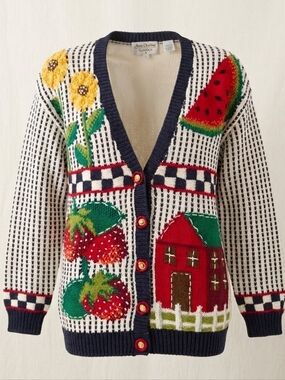 Vintage 90s Marisa Christina Hand Knitted Novelty Scenic Cottagecore Cardigan M